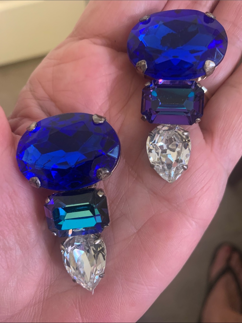 Statement Drop Earrings with Cobalt and Clear Crystals stunning vintage clips